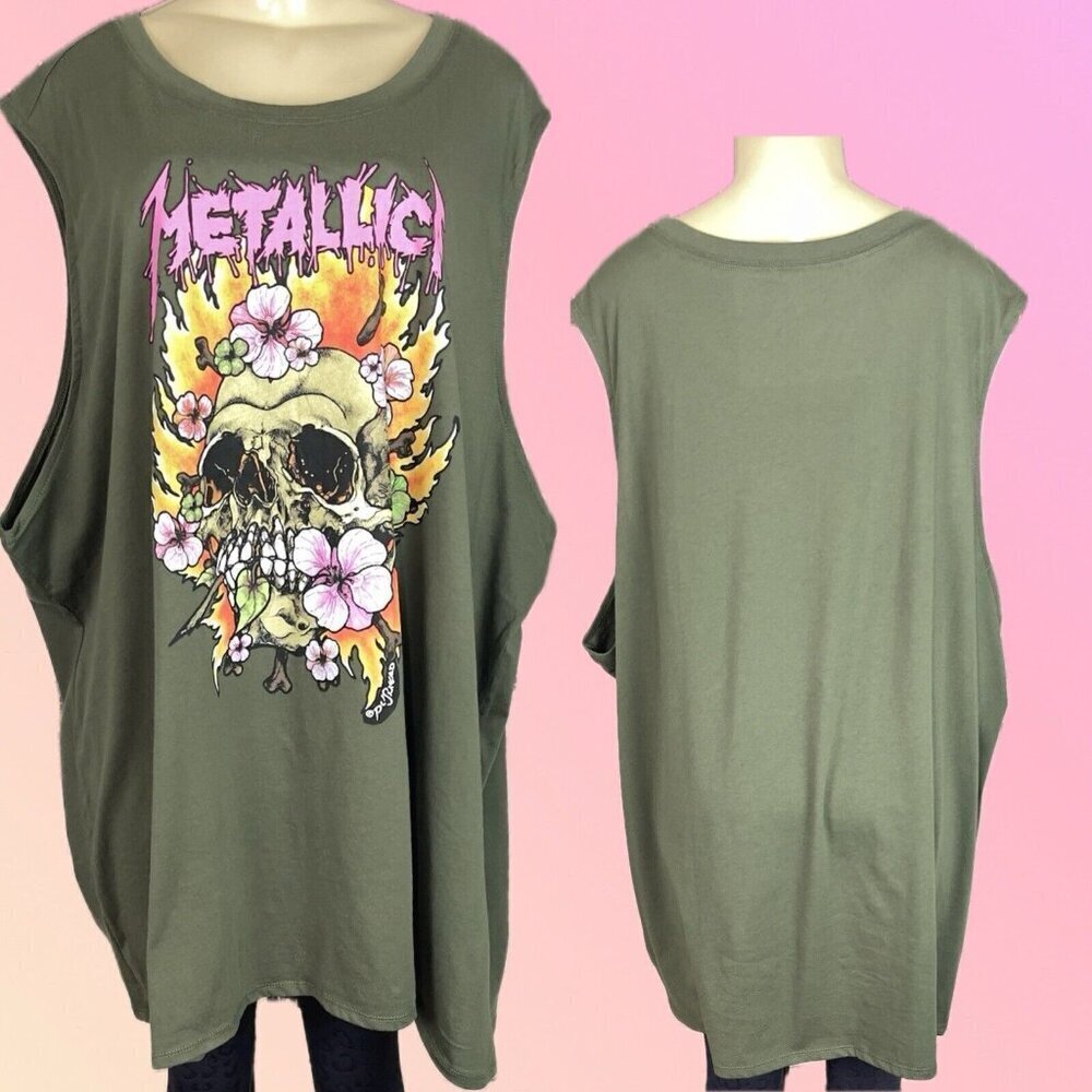 Metallica +6 Army Green Crew Neckline Floral Skull Graphic Cotton Blend Tank Tee